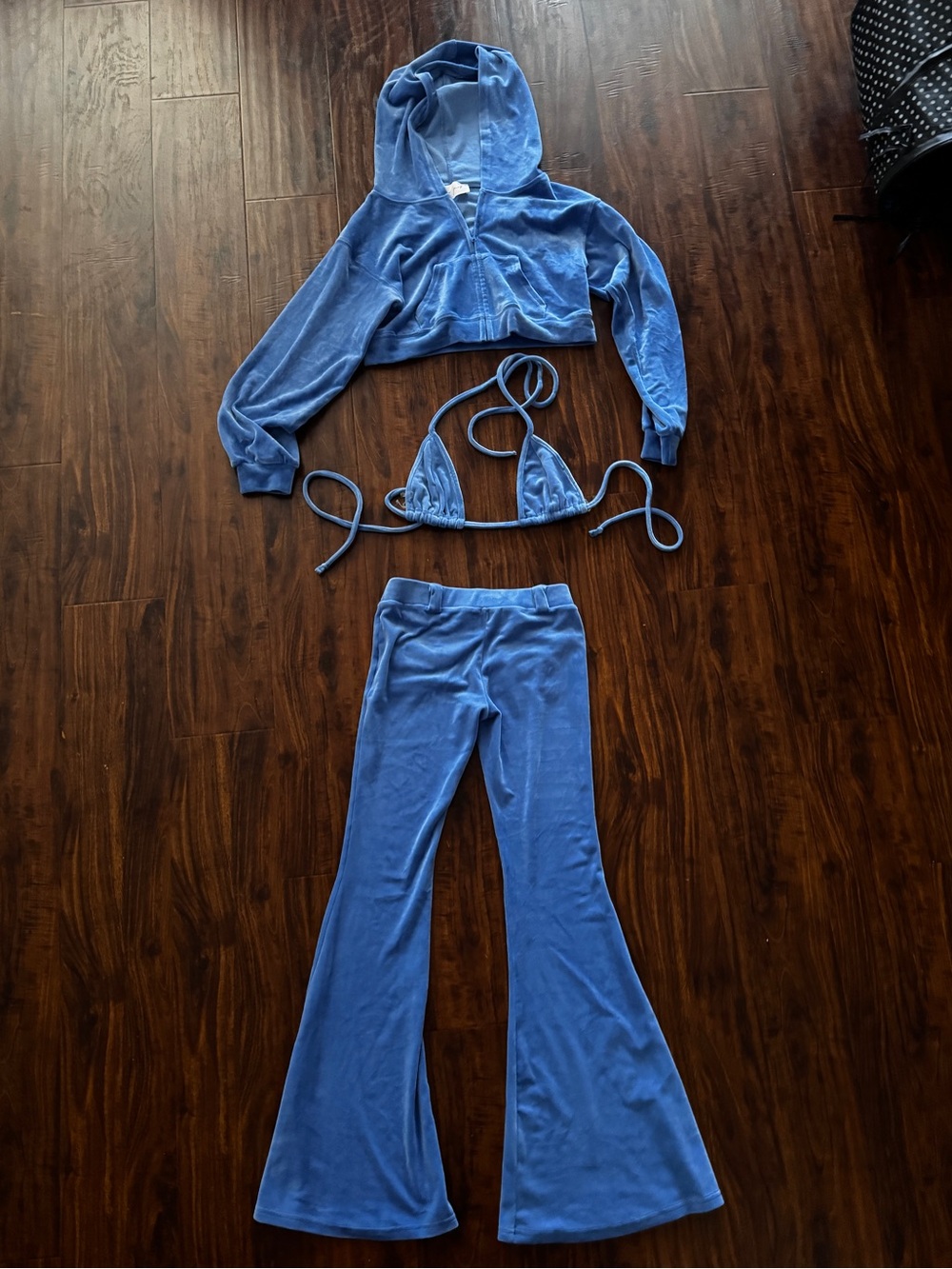 Women's Blue Velour 3-Piece Lounge Set — Hoodie, Triangle Bralette & Flare Pants